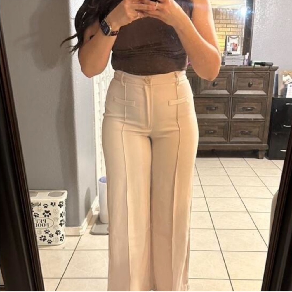 Ivory cream Thick material seam front flattering trouser pants